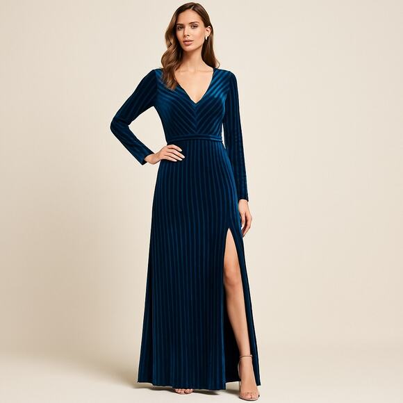 Belle BADGLEY MICSHKA Velvet Long Gown Womens 6 Teal Blue Stripes Formal Evening - Picture 1 of 11